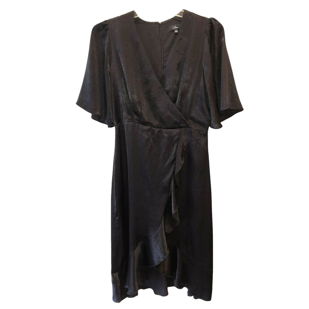Lulus Womens Size Large Wrapped Up in Love Black Satin Faux Wrap Midi Dress Sz L